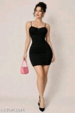 Black Spaghetti Strap Ruched Bodycon Mini Dress