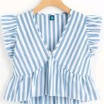 Blue White Striped V-Neck Ruffle Sleeve Peplum Top