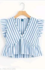 Blue White Striped V-Neck Ruffle Sleeve Peplum Top
