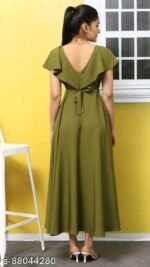 Olive Green Cape Sleeve Pleated Neck Maxi Dress - Image 2