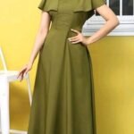 Olive Green Cape Sleeve Pleated Neck Maxi Dress
